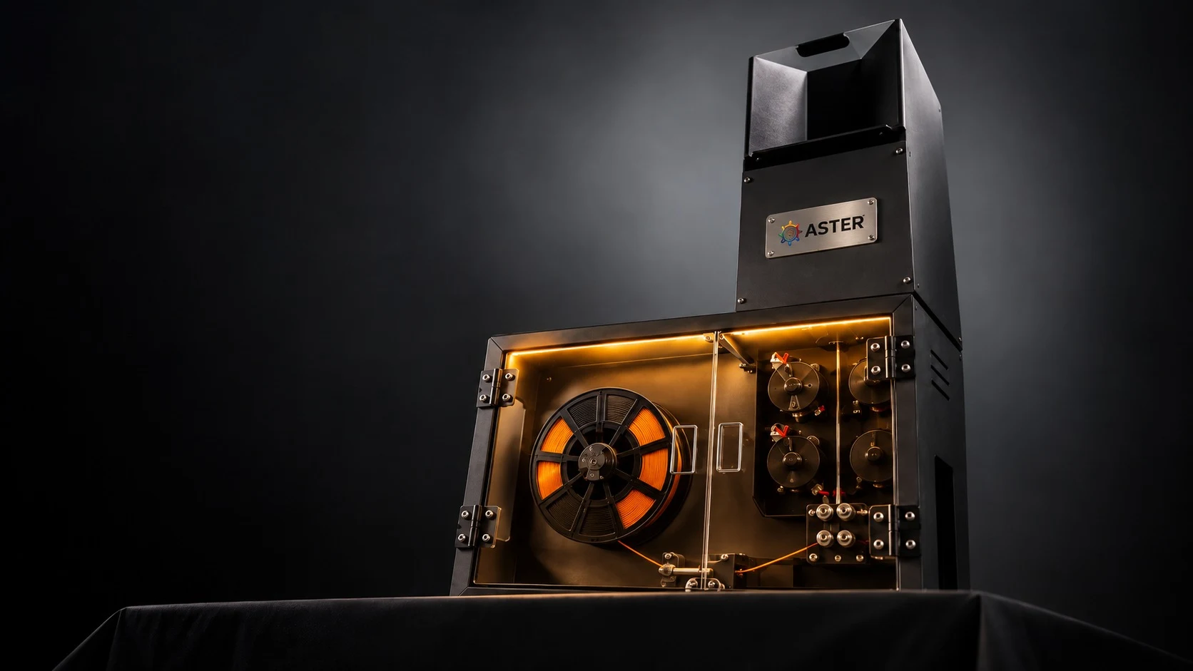 ASTER-C filament extruder with its spool bay lit