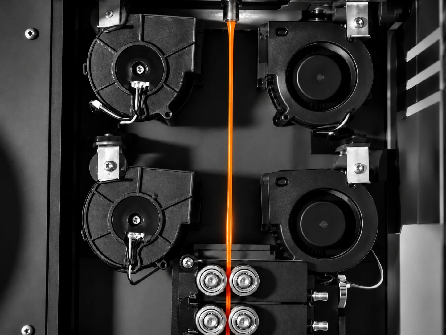 Orange filament strand leaving the ASTER-C die