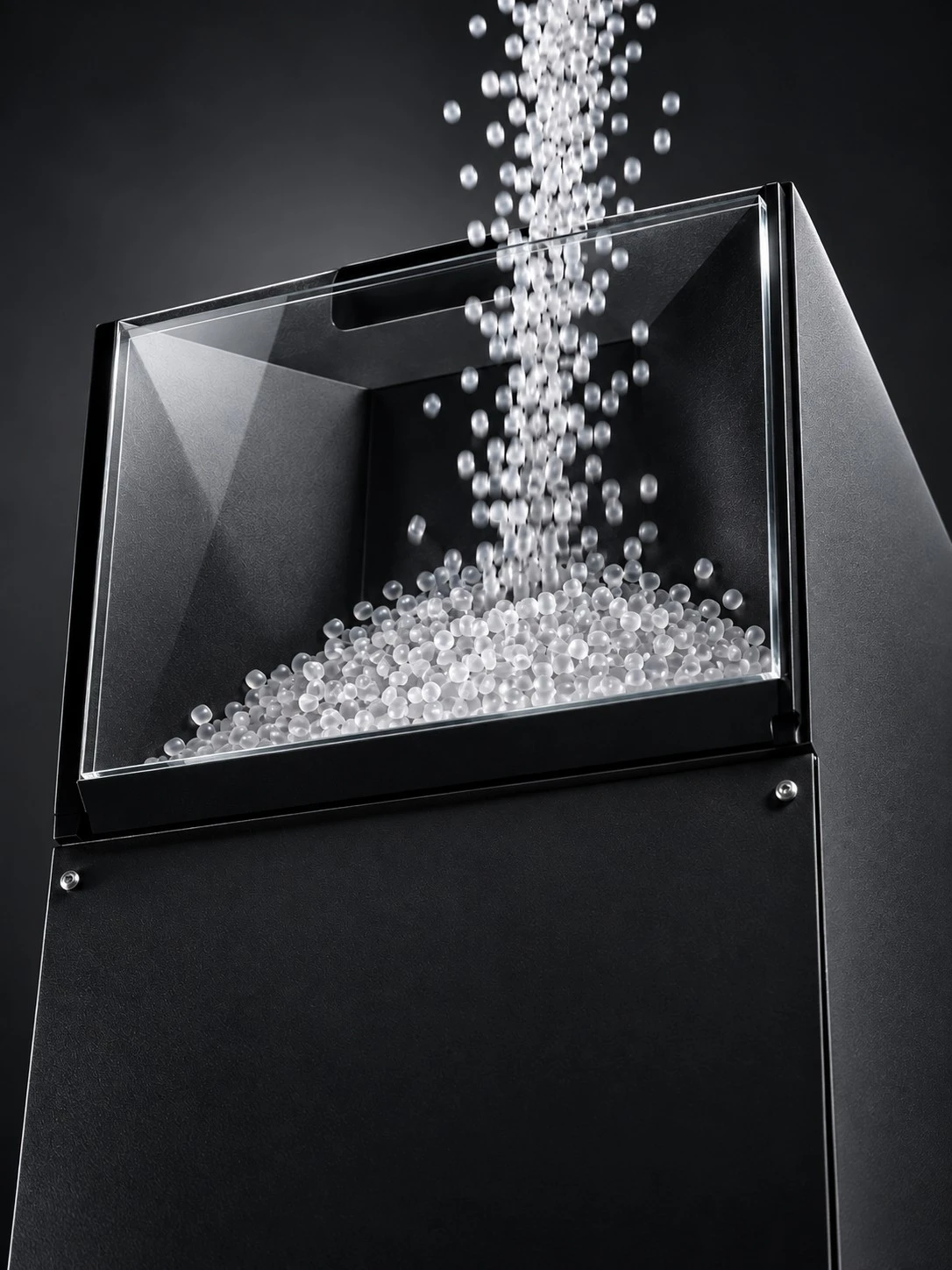 Plastic pellets pouring into the ASTER-C hopper